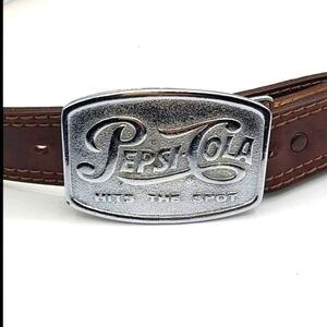 HABAND Brown Leather Belt Vintage Pepsi Buckle Silver Tone 40"